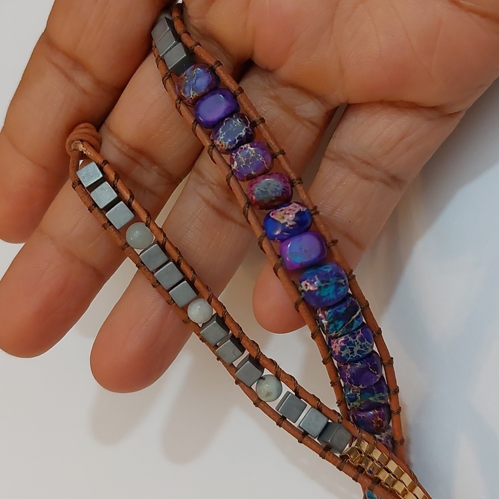 Hippie Bohemian Leather And Multi Color Agate Beads Multi Wrap Bracelet - Picture 6 of 7